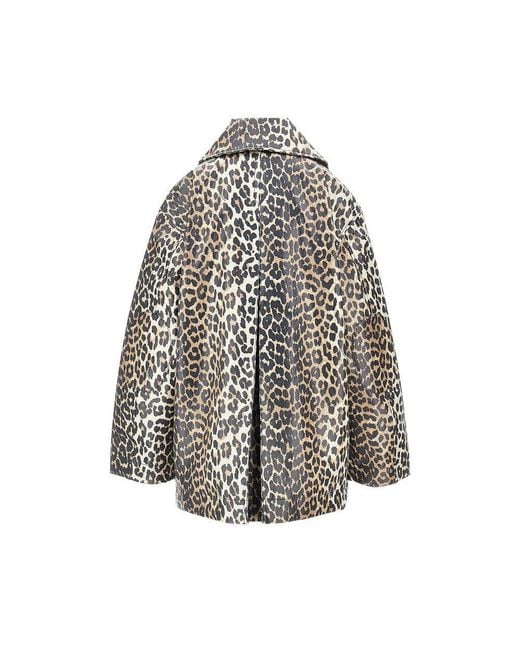 Ganni Gray Coated Fabric Jacket With Leopard-Print