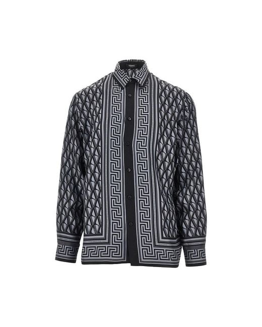 Versace Black 'V Greca' Print Silk Shirt for men