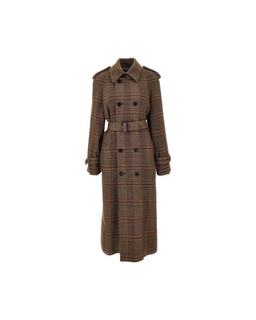 Saint Laurent Brown Prince Of Wales Coat With Belt