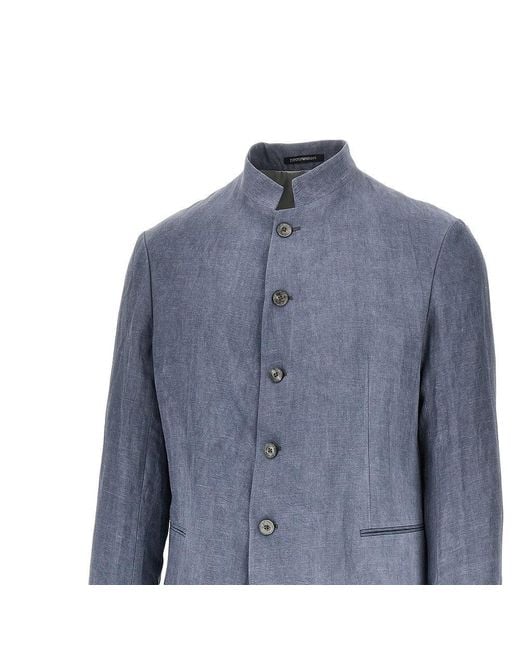 Emporio Armani Blue Linen-Blend Crepe Jacket With Guru Collar for men