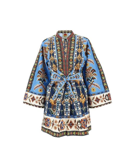 Farm Rio Blue Tapestry Print Cotton Mini Dress