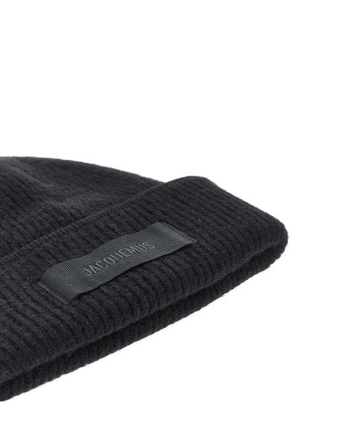Jacquemus Black Knitted Beanie Hat With Gros-Grain Logo for men
