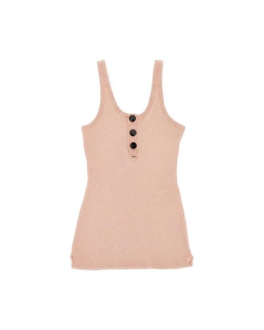 Chloé Pink 'Henley' Ribbed Cotton Tank Top