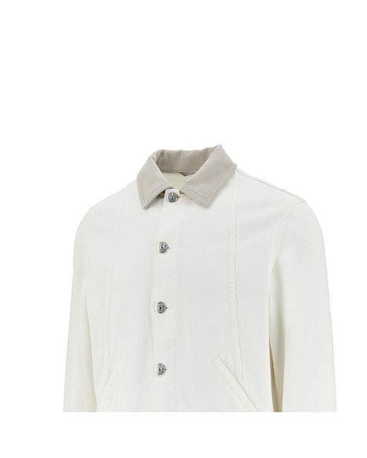 Brunello Cucinelli White Denim Jacket With Leather Collar for men