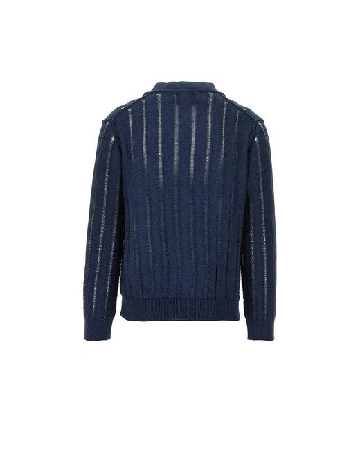 Amaranto Blue Open-Knit Striped Cotton Cardigan for men