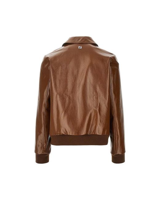 Fendi Brown Glossy Leather Blouson Jacket for men
