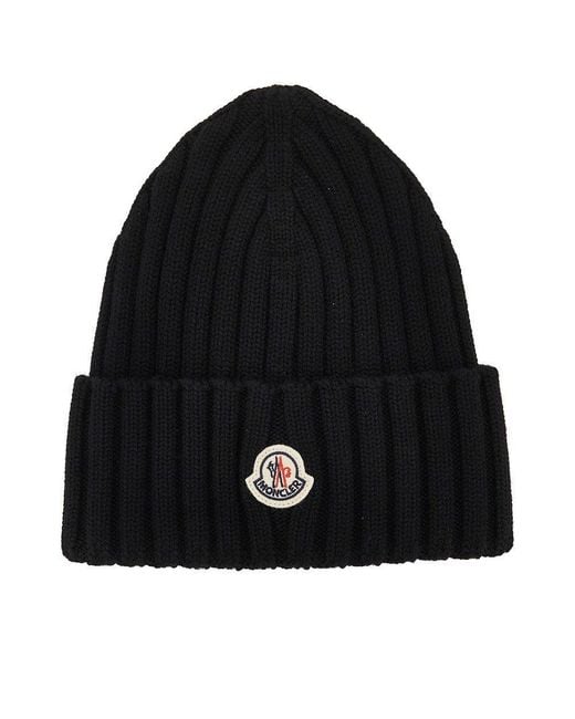 Moncler Black Wool Beanie Hat With Logo Patch