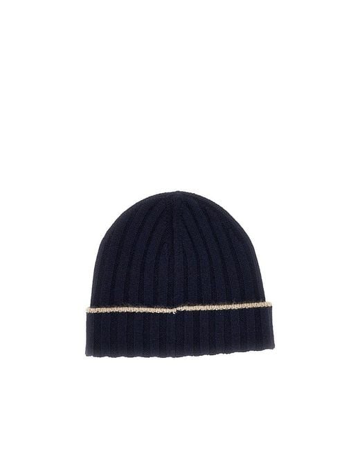 Brunello Cucinelli Blue Ribbed Cashmere Beanie Hat for men