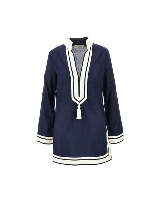 Tory Burch Blue Cotton Voile Tunic Mini Dress