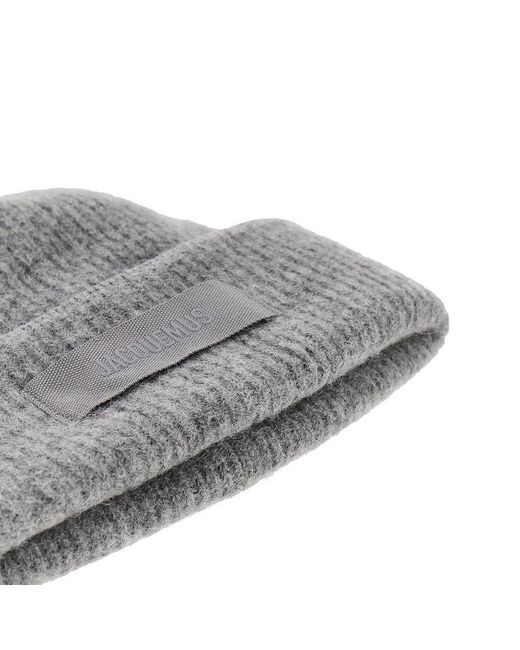 Jacquemus Gray Knitted Beanie Hat With Gros-Grain Logo for men
