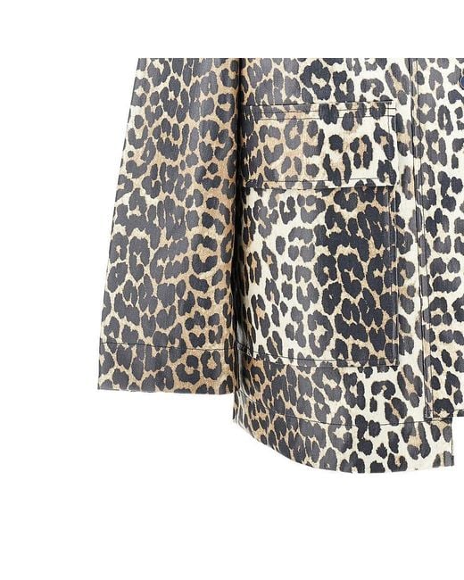 Ganni Gray Coated Fabric Jacket With Leopard-Print