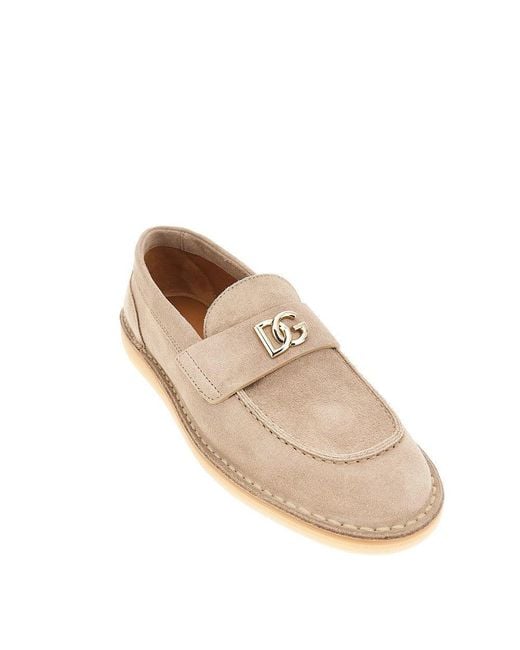 Dolce & Gabbana Natural Suede Leather Loafers With Dg Logo