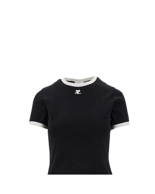 Courreges Black Cotton T-Shirt With Contrasting Trims