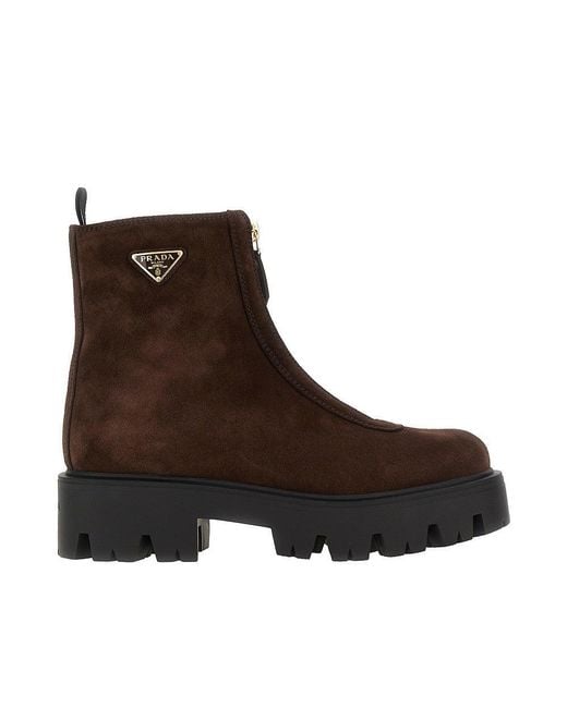 Prada Brown Suede Leather Zip-Up Ankle Boots