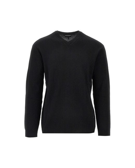 Emporio Armani Men's Black Ribbed Wool V-Neck Sweater