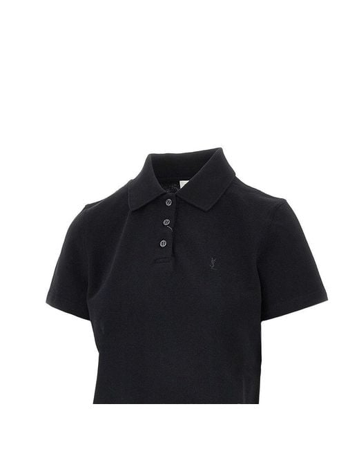 Saint Laurent Black Cassandre Embroidery Cropped Polo Shirt