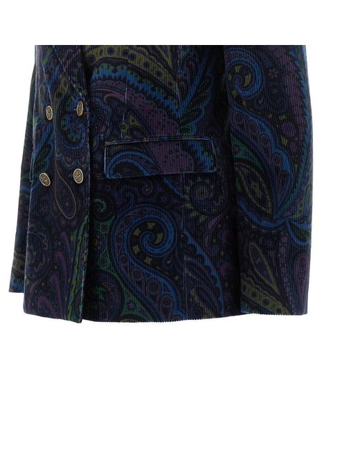 Etro Blue Paisley Print Corduroy Double-Breasted Jacket
