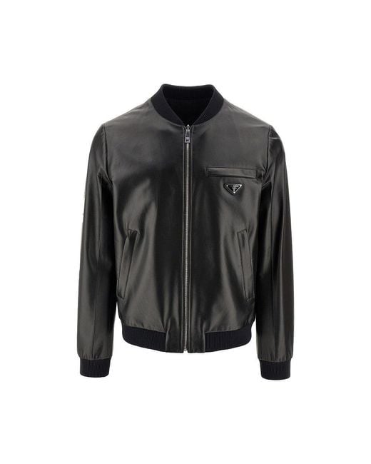 Prada Black Re-Nylon And Leather Reversible Bomber for men