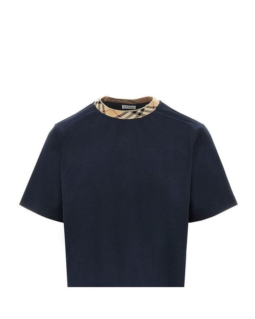 Burberry Blue Cotton T-Shirt With Check Crewneck for men