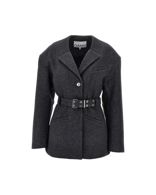 Ganni Black Wool-Blend Jacket With Belt