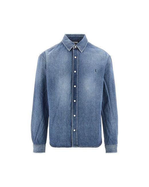 Saint Laurent Blue Cassandre Embroidery Denim Shirt for men
