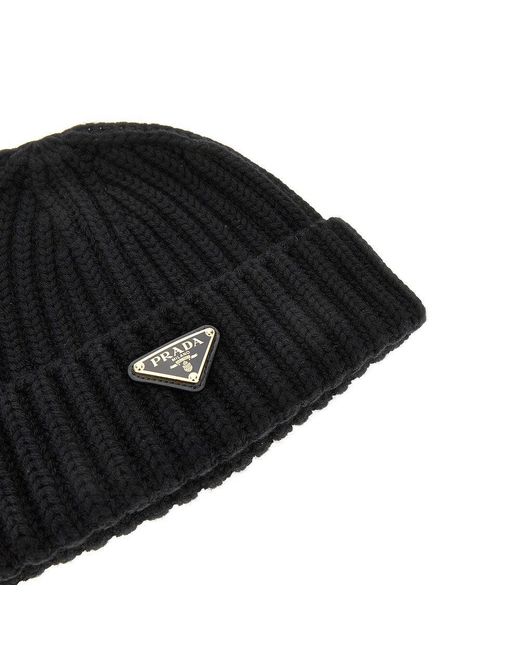 Prada Black Knitted Beanie With Triangle Logo
