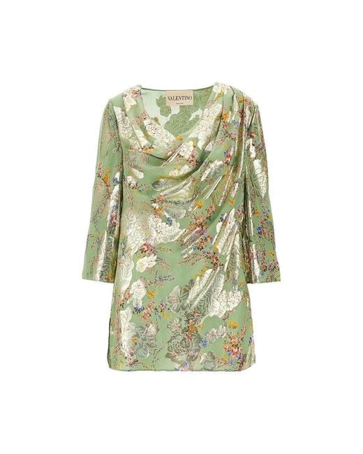 Valentino Green Lamé Fil Coupé Silk Blouse