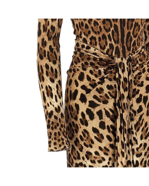 Dolce & Gabbana Brown Viscose Midi Dress With Leo Print