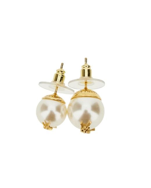 Saint Laurent Metallic Asymmetrical Pearls Earrings With Logo