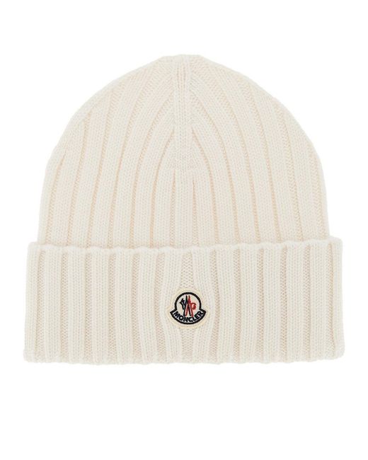 Moncler Natural Wool Beanie Hat With Logo Patch