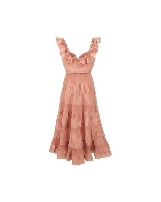 Zimmermann Pink Frilled Pleated Midi Dress