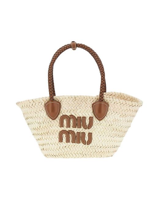 Miu Miu Metallic Woven Palmito Basket Bag With Logo
