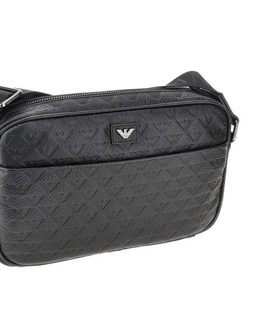 Emporio Armani Black Eagle Motif Embossed Leather Crossbody Bag for men