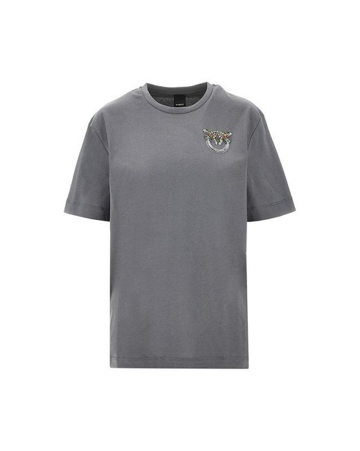Pinko Gray Jewelled Logo Embroidery T-Shirt