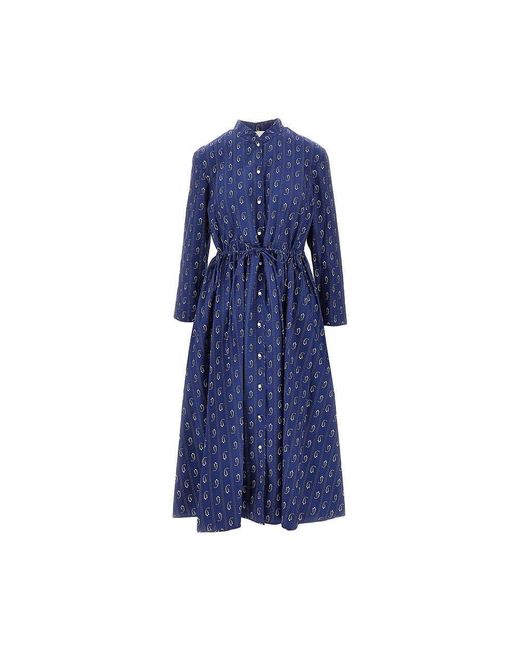 Tory Burch Blue Printed Cotton Midi Shirtdress