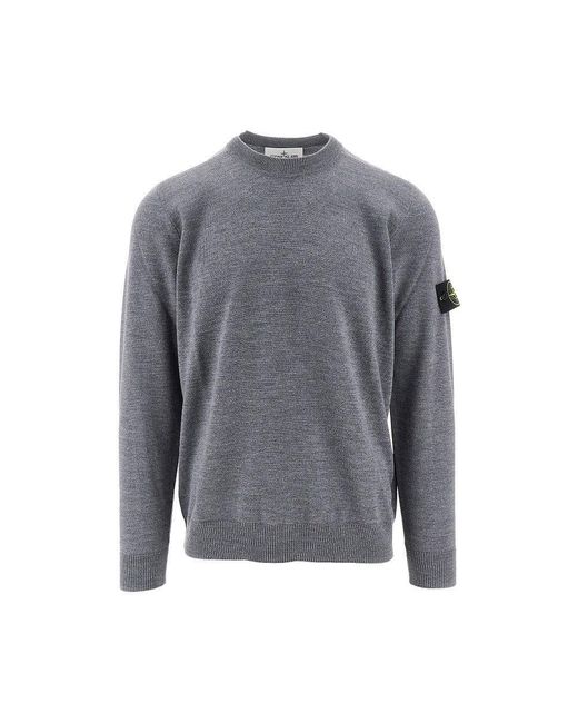 Stone Island Gray Wool Crewneck Sweater With Logo Badge for men