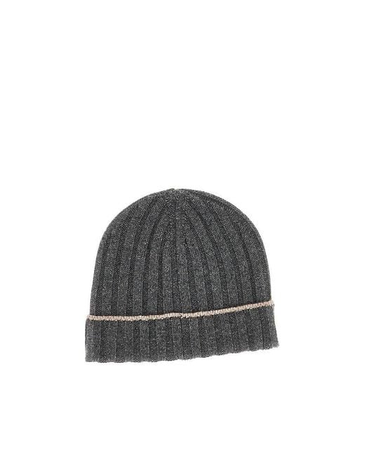 Brunello Cucinelli Gray Ribbed Cashmere Beanie Hat for men
