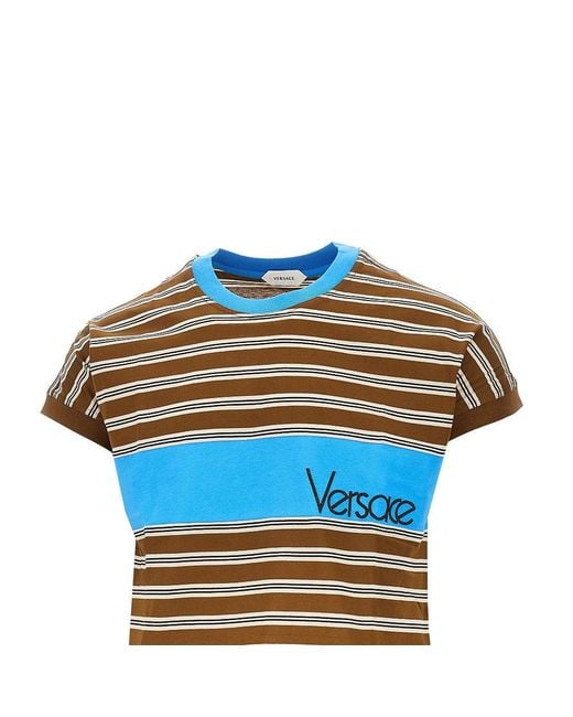 Versace Blue Cotton T-Shirt With Logo Embroidery for men