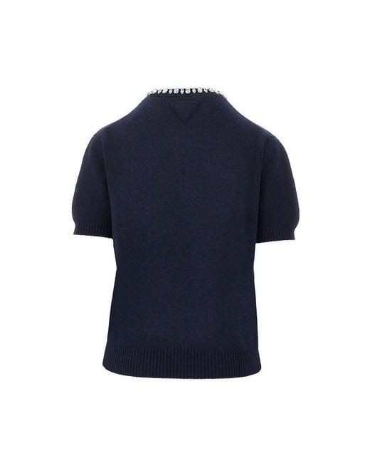 Prada Blue Knitted Top With Crystals