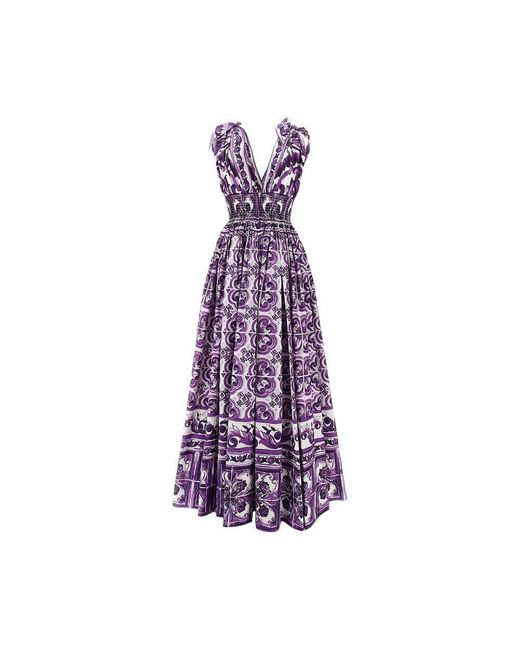 Dolce & Gabbana Purple Majolica Print Poplin Long Dress