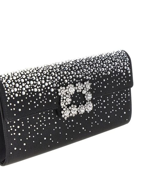 Roger Vivier Black 'Efflorescence' Satin Pouch With Rhinestones