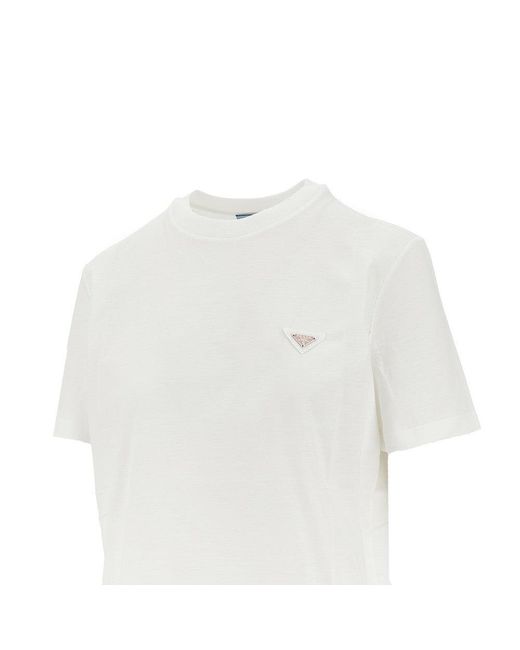 Prada White Distressed-Effect T-Shirt With Triangle Logo