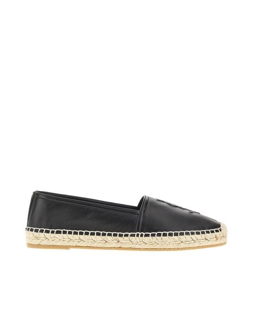 Saint Laurent Black Leather 'Monogram' Espadrilles With Logo