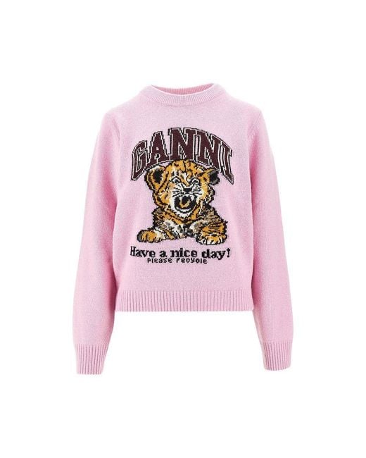 Ganni Pink Tiger Inlay Wool Blend Sweater