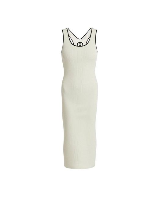 Gucci White Ribbed Knit Midi Dress