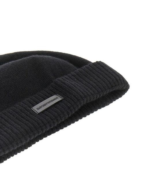 Emporio Armani Black Cashmere Beanie Hat With Leather Logo Patch for men