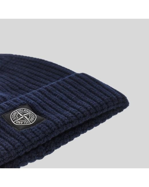 Stone Island Blue Wool Beanie Hat With Logo Patch for men