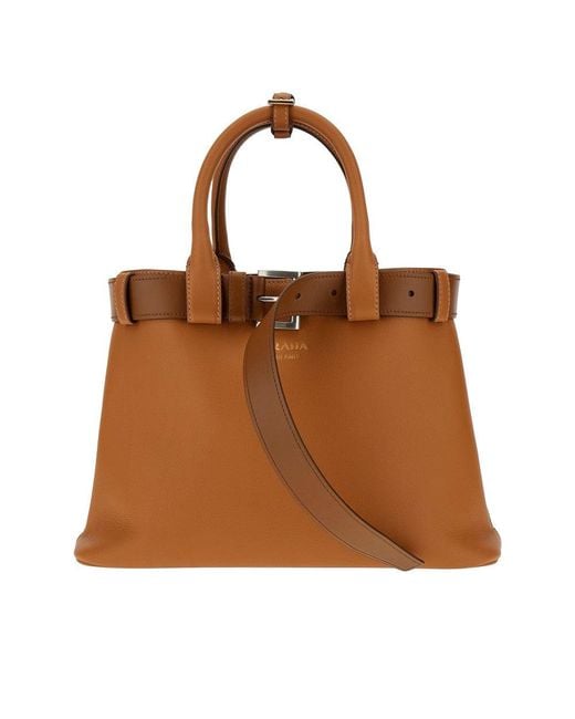 Prada Brown Leather Buckle Tote with Metallic Accents