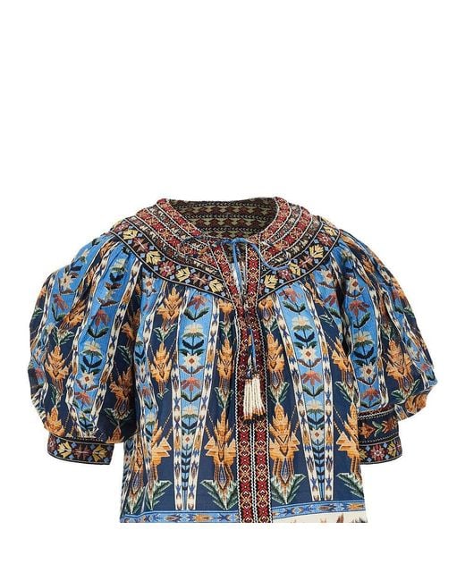 Farm Rio Blue Tapestry Short Sleeve Blouse