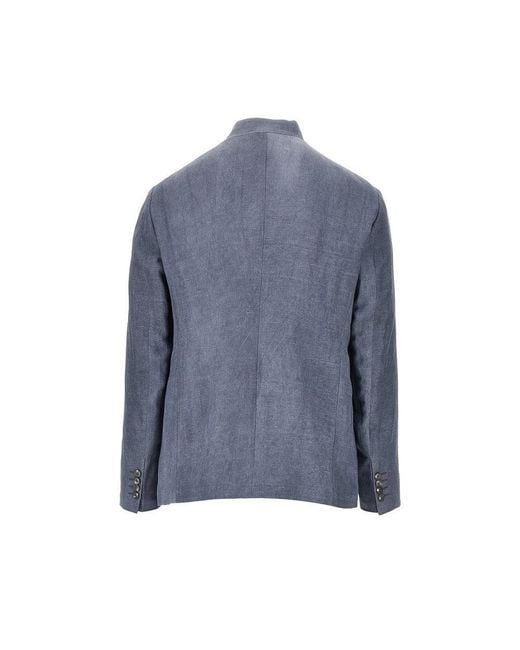 Emporio Armani Blue Linen-Blend Crepe Jacket With Guru Collar for men